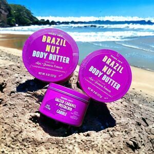 Set of 2 Trader Joe’s Brazil Nut Body Butter & Salted Caramel + Pistachio Candle